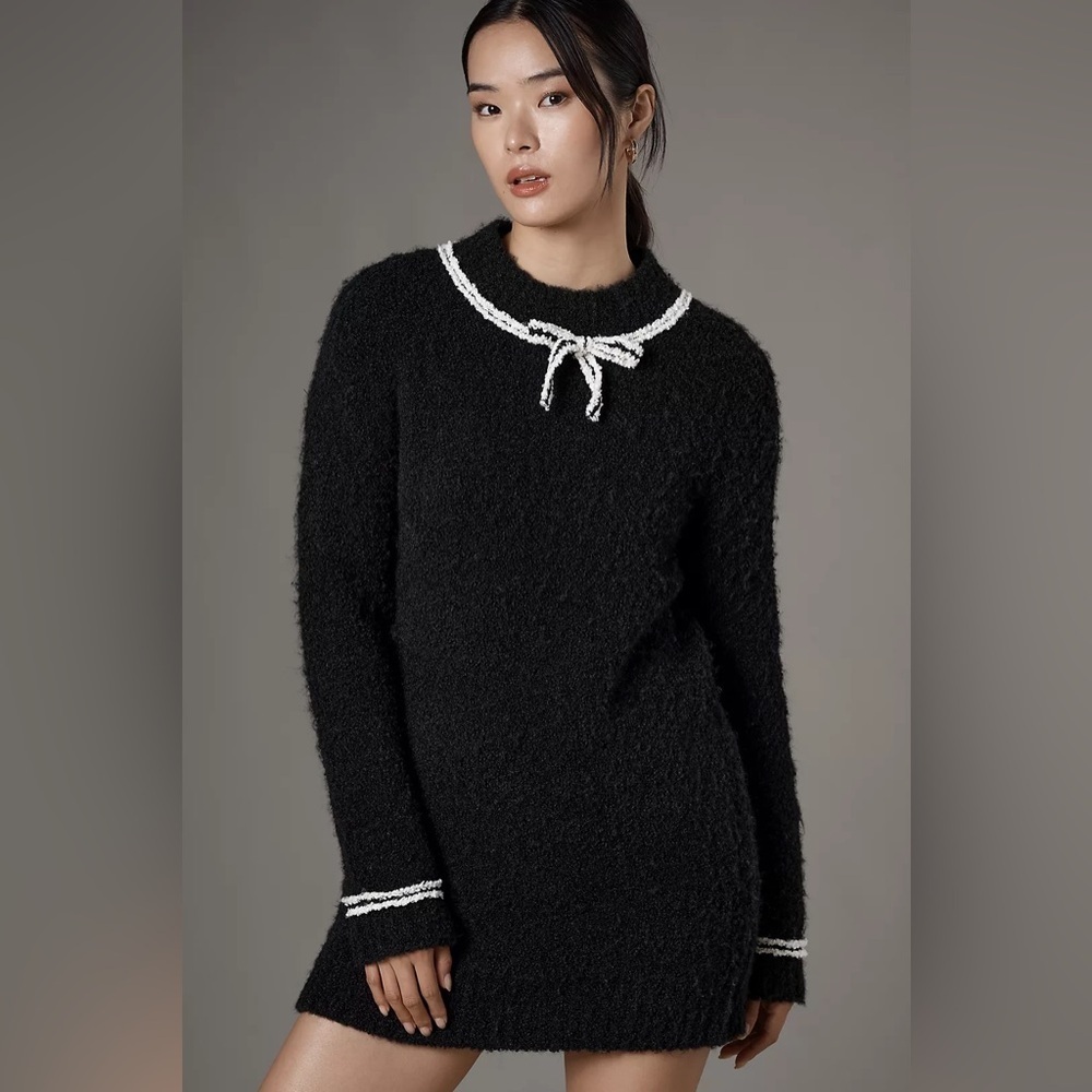 NWT! Anthro Endless Rose Long-Sleeve Bow Slim Sweater Mini Dress - Medium 🎾